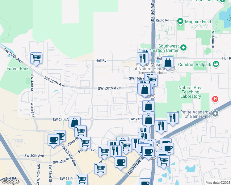 map of restaurants, bars, coffee shops, grocery stores, and more near 19 Southwest 20th Avenue in Gainesville