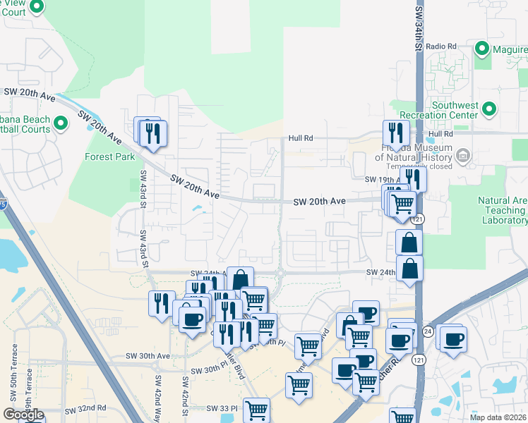 map of restaurants, bars, coffee shops, grocery stores, and more near 3901 Southwest 20th Avenue in Gainesville