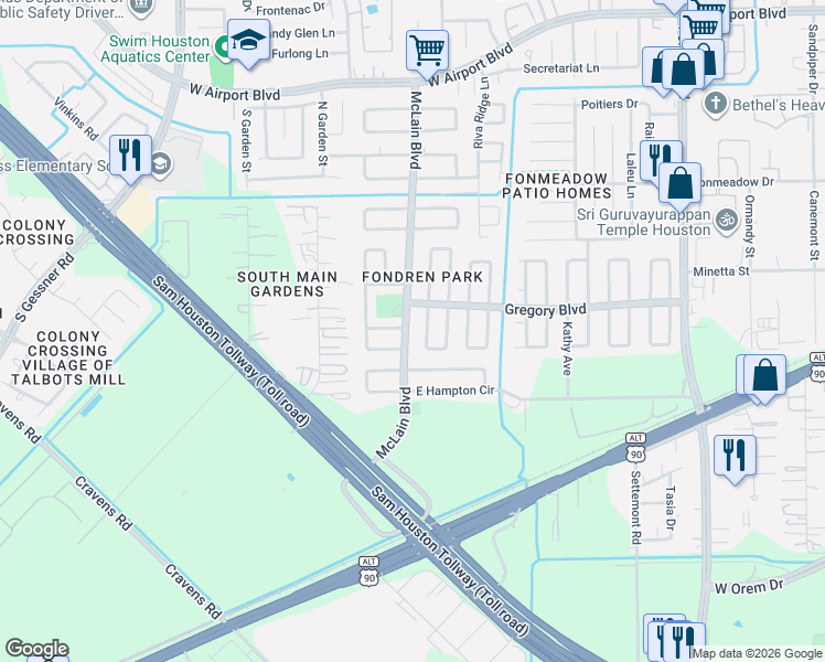 map of restaurants, bars, coffee shops, grocery stores, and more near 11806 South Little John Circle in Houston