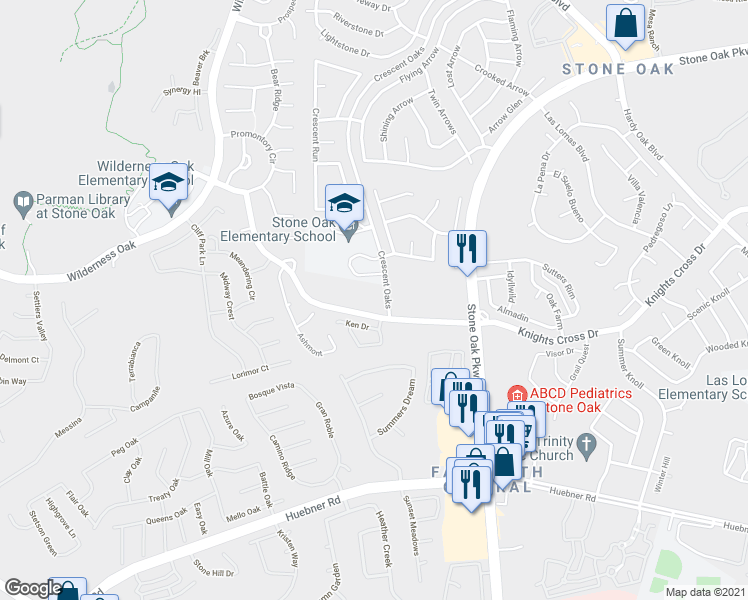 map of restaurants, bars, coffee shops, grocery stores, and more near 575 Knights Cross Drive in San Antonio