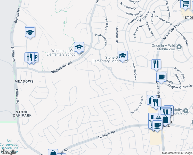 map of restaurants, bars, coffee shops, grocery stores, and more near 622 Midway Crest in San Antonio
