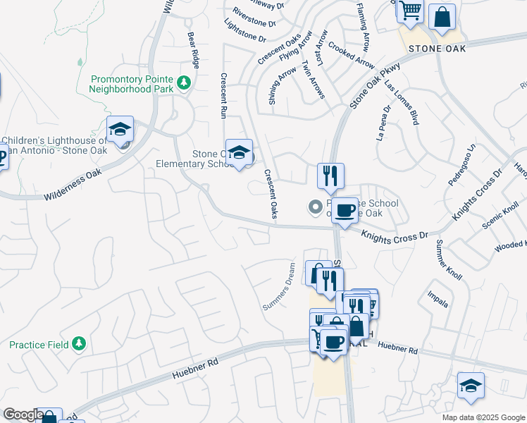 map of restaurants, bars, coffee shops, grocery stores, and more near 575 Knights Cross Drive in San Antonio
