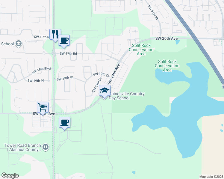 map of restaurants, bars, coffee shops, grocery stores, and more near 6557 Southwest 20th Lane in Gainesville