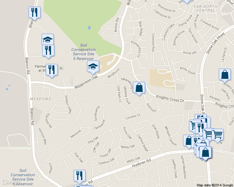map of restaurants, bars, coffee shops, grocery stores, and more near 20619 Cliff Park Lane in San Antonio