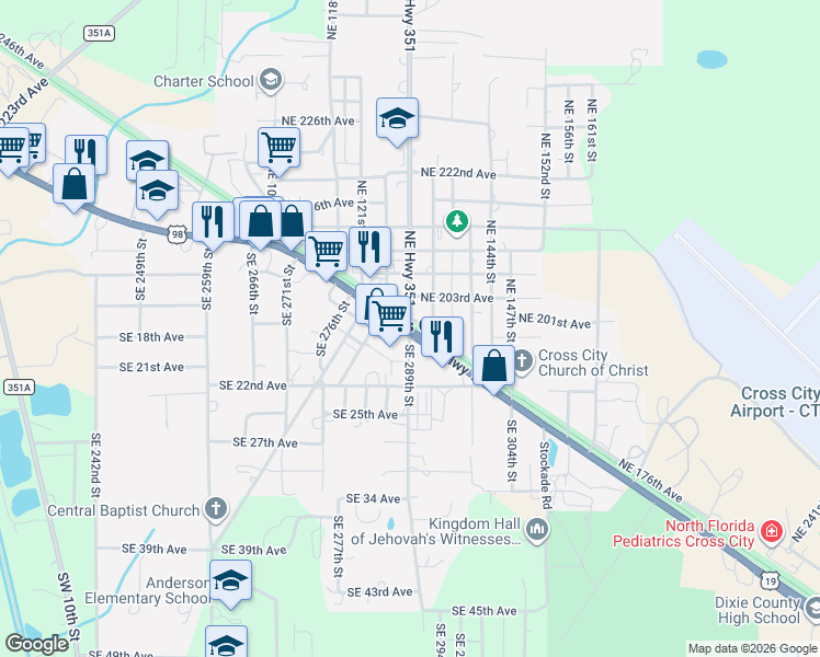 map of restaurants, bars, coffee shops, grocery stores, and more near Northeast 134 Street in Cross City
