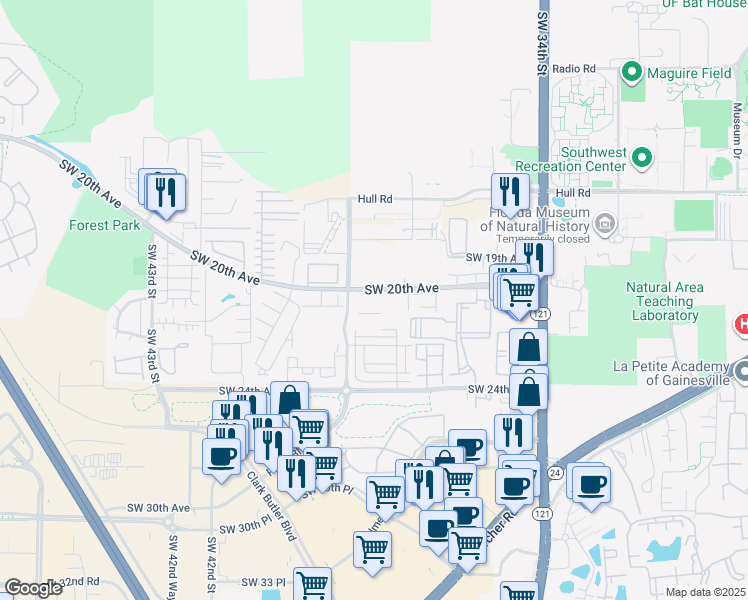 map of restaurants, bars, coffee shops, grocery stores, and more near 3800 Southwest 20th Avenue in Gainesville