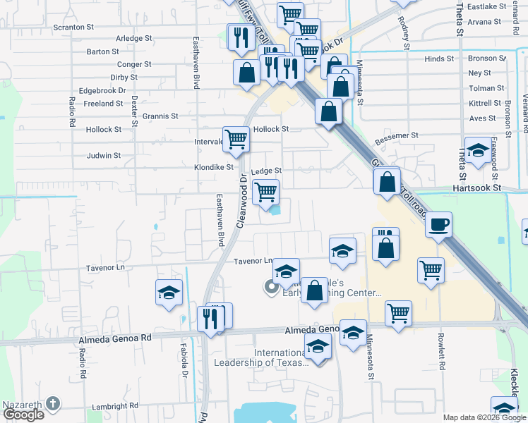 map of restaurants, bars, coffee shops, grocery stores, and more near 9465 Clearwood Drive in Houston
