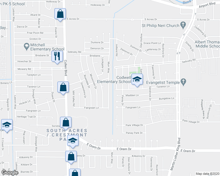 map of restaurants, bars, coffee shops, grocery stores, and more near 11719 Murr Way in Houston