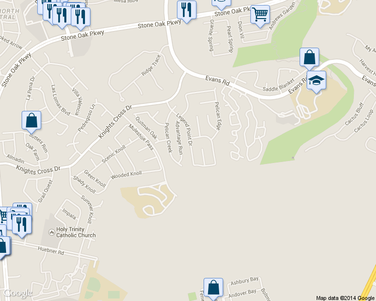 map of restaurants, bars, coffee shops, grocery stores, and more near 21934 Advantage Run in San Antonio