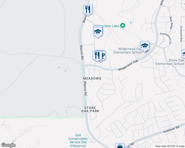 map of restaurants, bars, coffee shops, grocery stores, and more near 20621 Tree Meadow in San Antonio