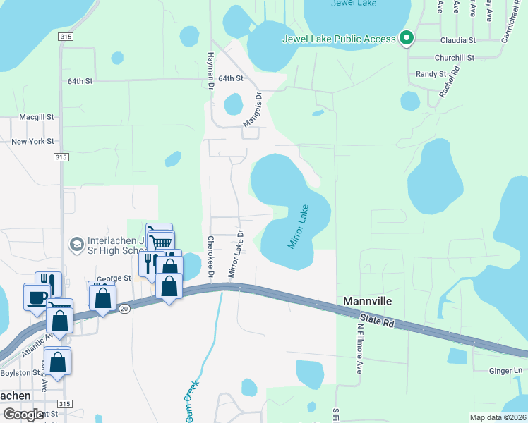 map of restaurants, bars, coffee shops, grocery stores, and more near 204 Peninsula Road in Interlachen