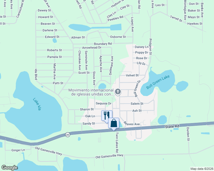 map of restaurants, bars, coffee shops, grocery stores, and more near 115 Mohawk Drive in Interlachen