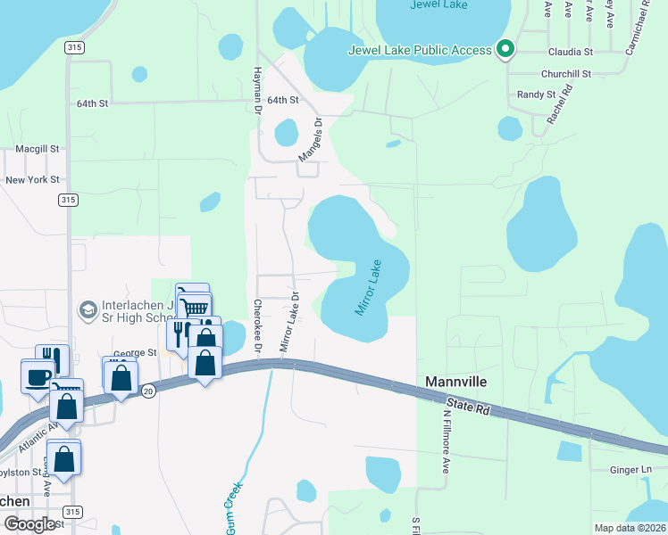 map of restaurants, bars, coffee shops, grocery stores, and more near 206 Peninsula Road in Interlachen