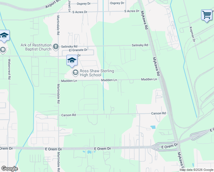 map of restaurants, bars, coffee shops, grocery stores, and more near 6320 Madden Lane in Houston