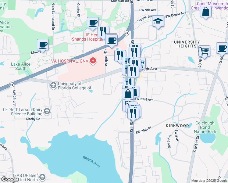 map of restaurants, bars, coffee shops, grocery stores, and more near 2001 Southwest 16th Street in Gainesville