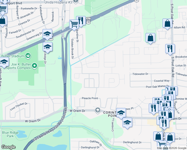 map of restaurants, bars, coffee shops, grocery stores, and more near 6114 Spruce Manor Lane in Houston