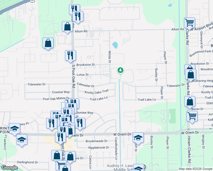 map of restaurants, bars, coffee shops, grocery stores, and more near 5121 Tidewater Drive in Houston