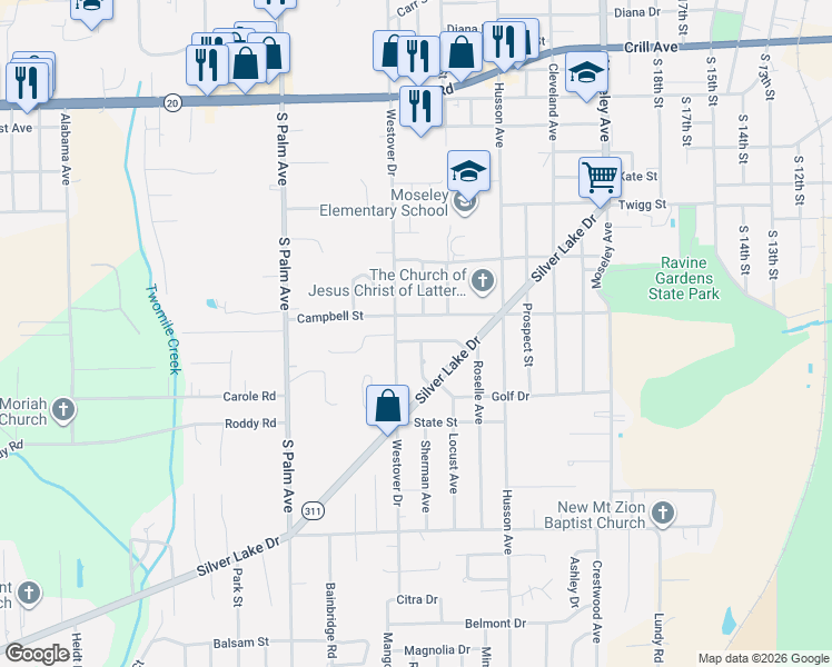 map of restaurants, bars, coffee shops, grocery stores, and more near 1414 Roselle Avenue in Palatka