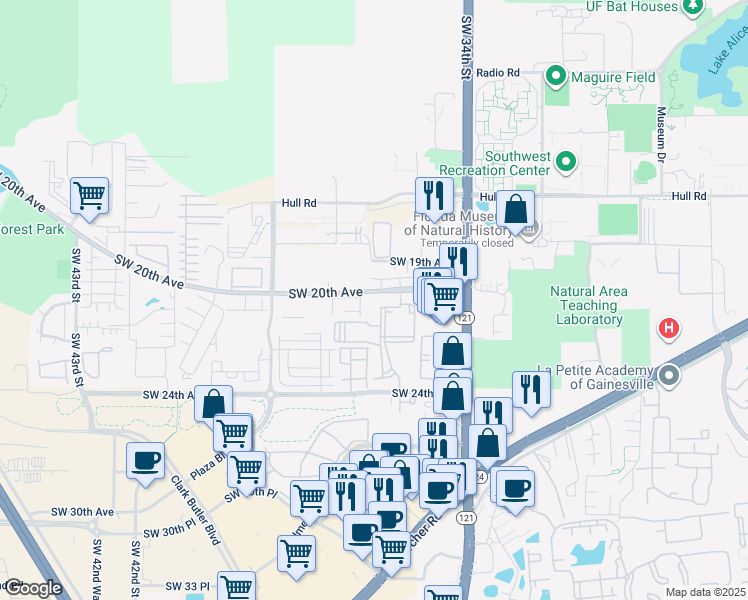 map of restaurants, bars, coffee shops, grocery stores, and more near 3555 Southwest 20th Avenue in Gainesville