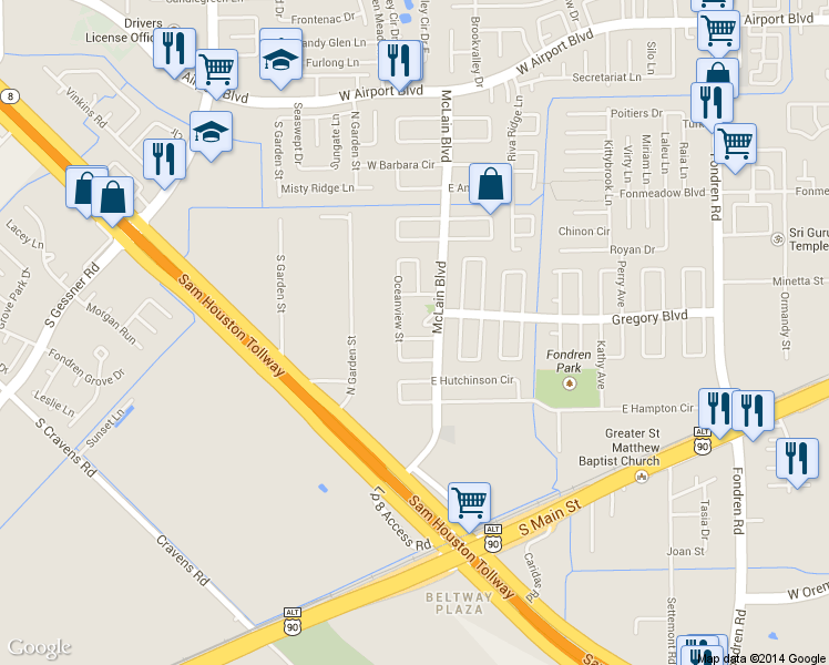 map of restaurants, bars, coffee shops, grocery stores, and more near 15418 Poolview Street in Houston