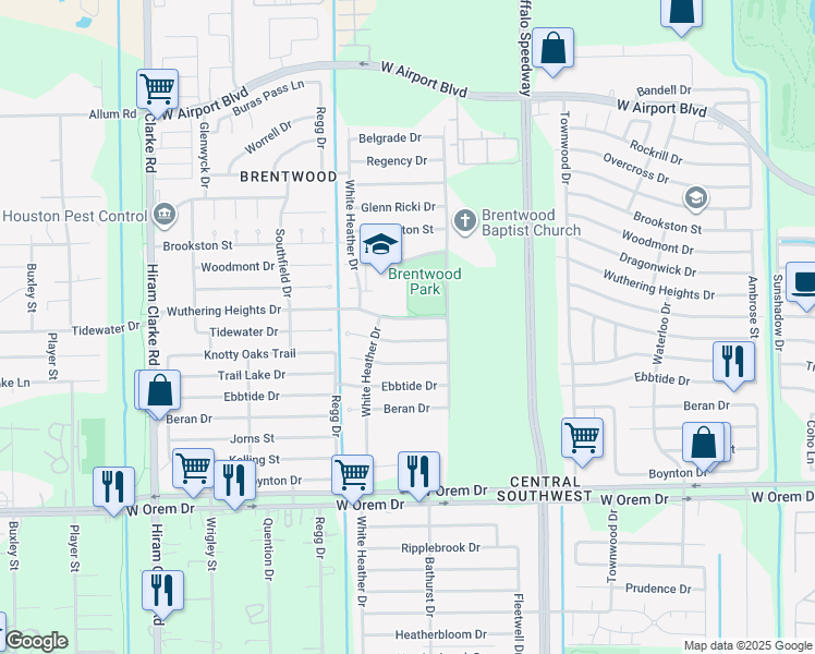 map of restaurants, bars, coffee shops, grocery stores, and more near 3827 Wuthering Heights Drive in Houston