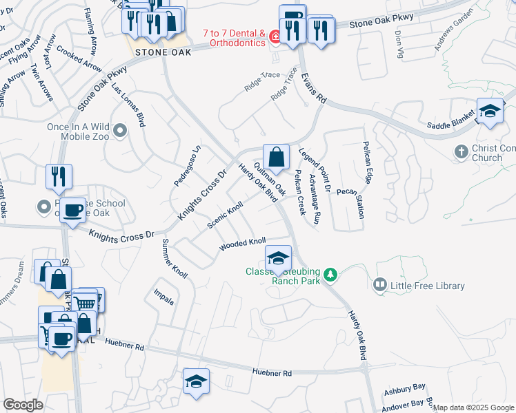 map of restaurants, bars, coffee shops, grocery stores, and more near 1310 Scenic Knoll in San Antonio