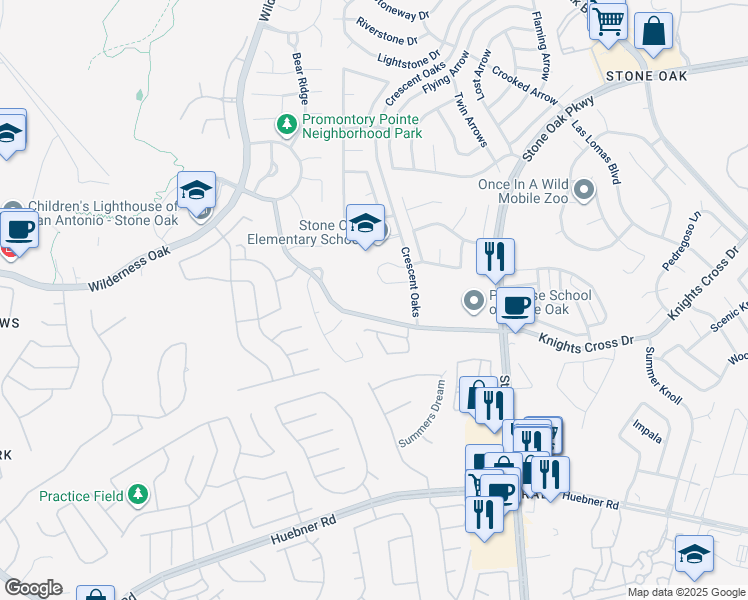 map of restaurants, bars, coffee shops, grocery stores, and more near 575 Knights Cross Drive in San Antonio