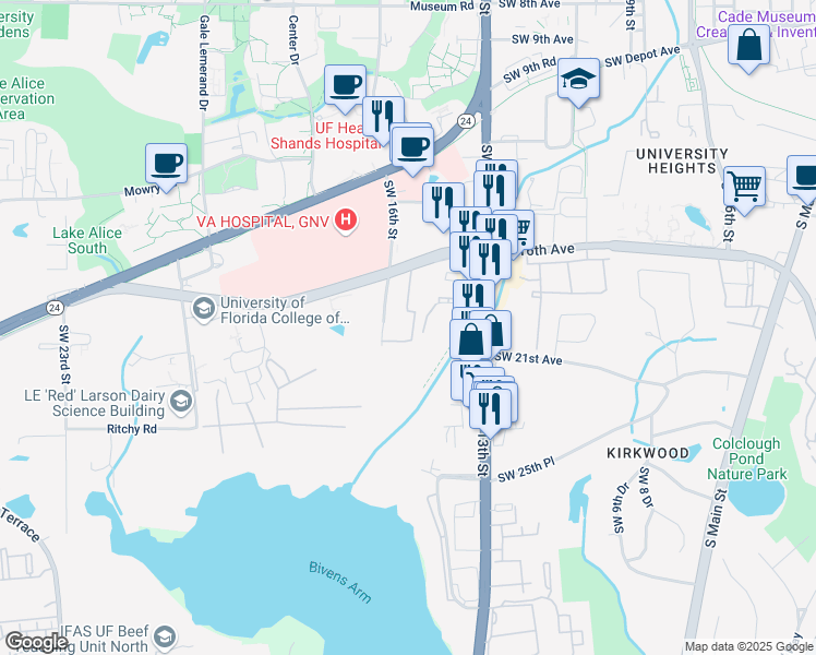 map of restaurants, bars, coffee shops, grocery stores, and more near 2001 Southwest 16th Street in Gainesville