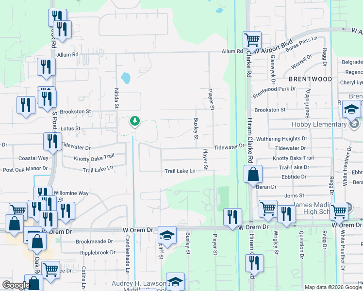 map of restaurants, bars, coffee shops, grocery stores, and more near 4810 Tidewater Drive in Houston