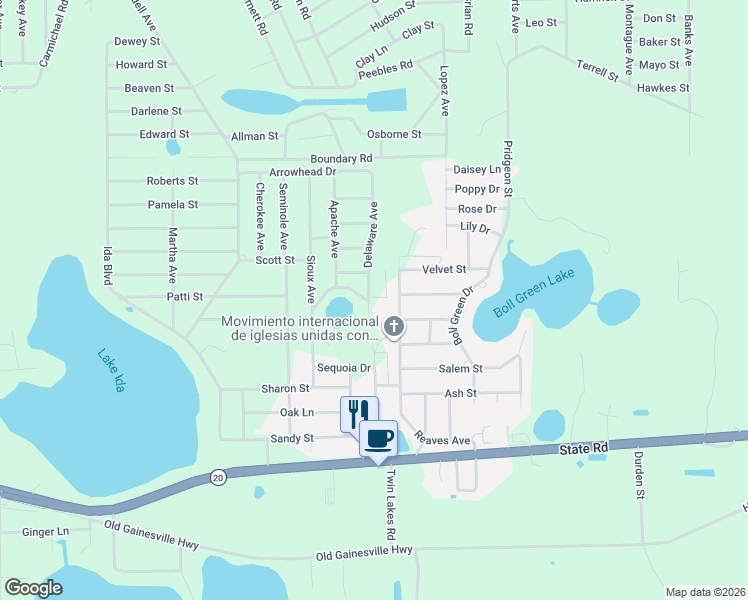 map of restaurants, bars, coffee shops, grocery stores, and more near 115 Mohawk Drive in Interlachen