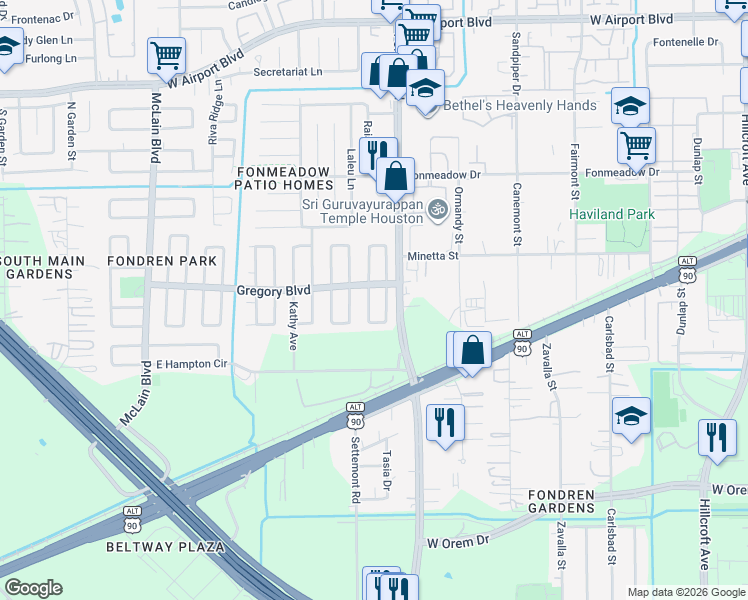 map of restaurants, bars, coffee shops, grocery stores, and more near 11876 South Evelyn Circle in Houston