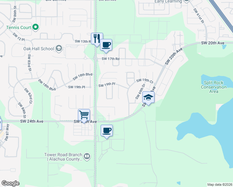 map of restaurants, bars, coffee shops, grocery stores, and more near 2123 Southwest 72 Street in Gainesville