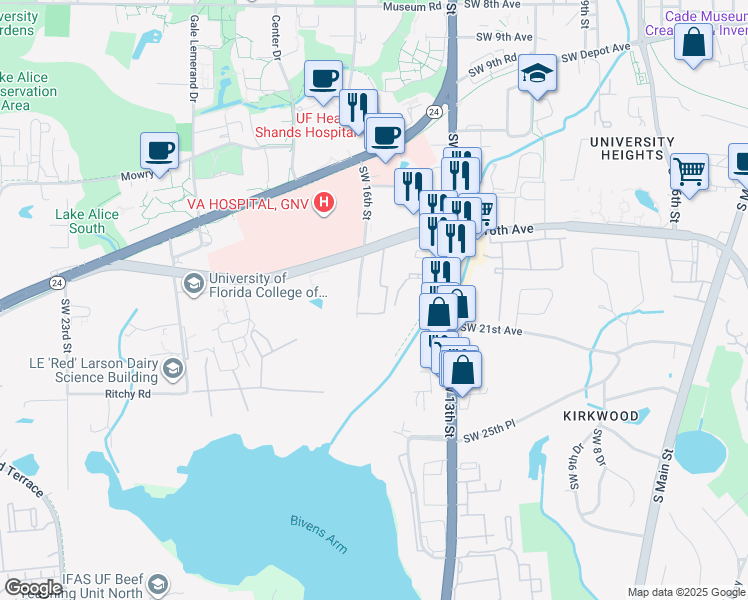 map of restaurants, bars, coffee shops, grocery stores, and more near 2001 Southwest 16th Street in Gainesville