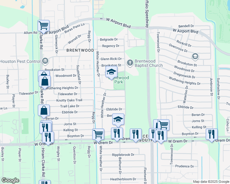 map of restaurants, bars, coffee shops, grocery stores, and more near 3827 Wuthering Heights Drive in Houston