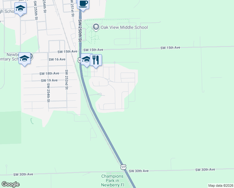 map of restaurants, bars, coffee shops, grocery stores, and more near 2071 Southwest 246th Drive in Newberry