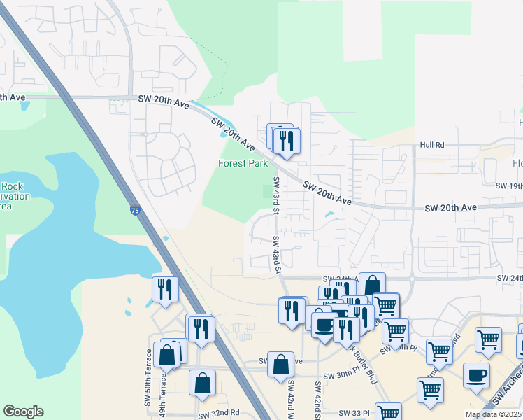 map of restaurants, bars, coffee shops, grocery stores, and more near 4342 Southwest 20th Lane in Gainesville