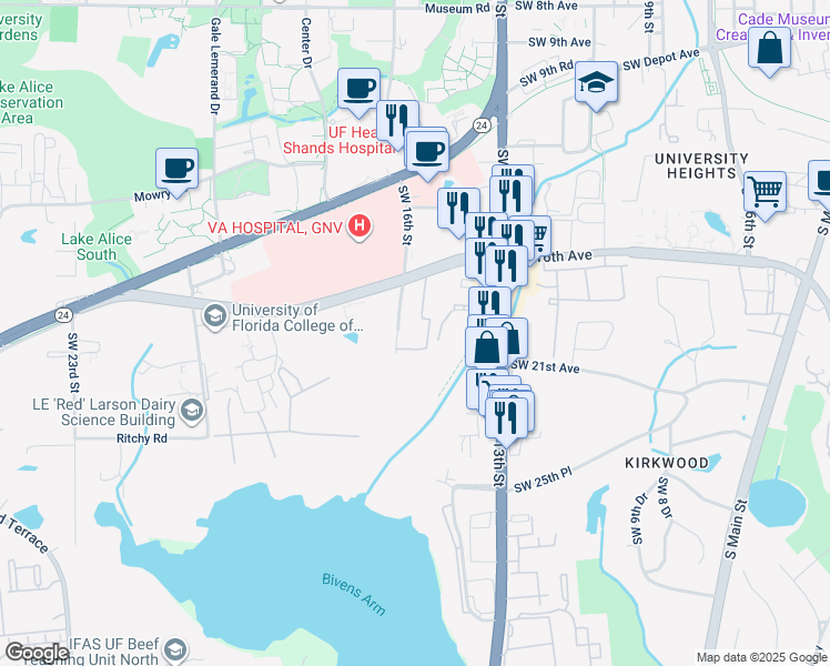 map of restaurants, bars, coffee shops, grocery stores, and more near 2001 Southwest 16th Street in Gainesville