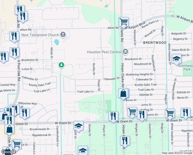 map of restaurants, bars, coffee shops, grocery stores, and more near 4734 Tidewater Drive in Houston