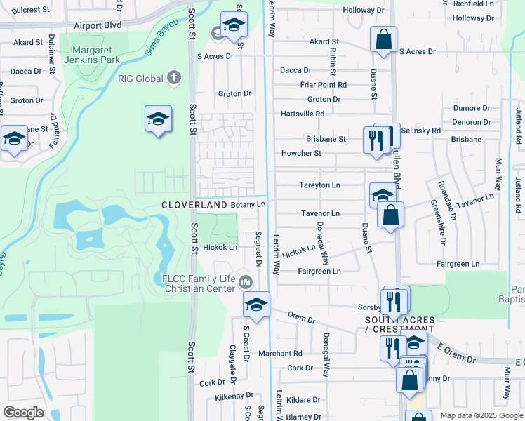 map of restaurants, bars, coffee shops, grocery stores, and more near 11607 Segrest Drive in Houston