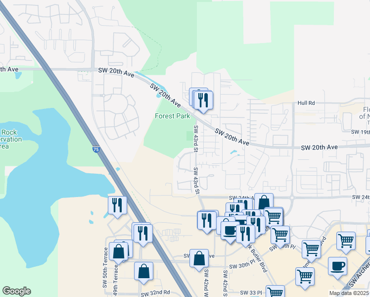 map of restaurants, bars, coffee shops, grocery stores, and more near 4303 Southwest 20th Avenue in Gainesville