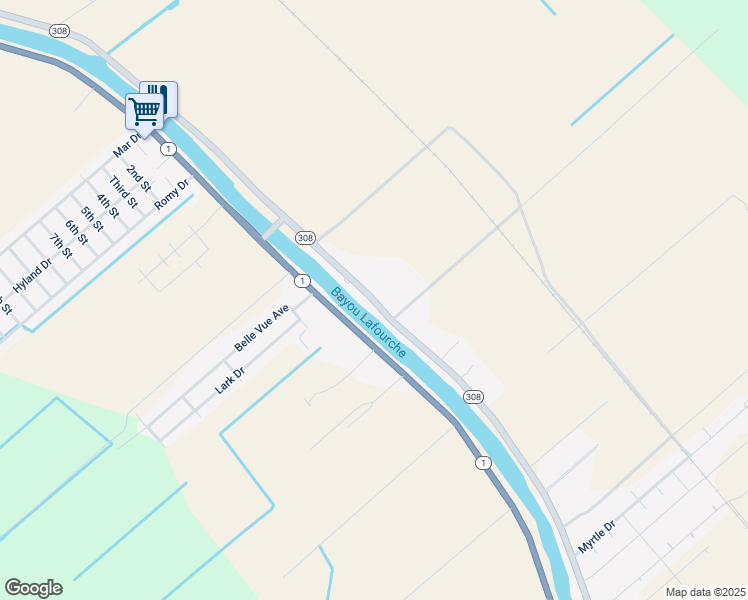 map of restaurants, bars, coffee shops, grocery stores, and more near 7491 Louisiana 308 in Lockport