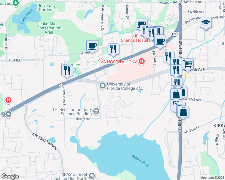 map of restaurants, bars, coffee shops, grocery stores, and more near 1945 Southwest 16th Avenue in Gainesville