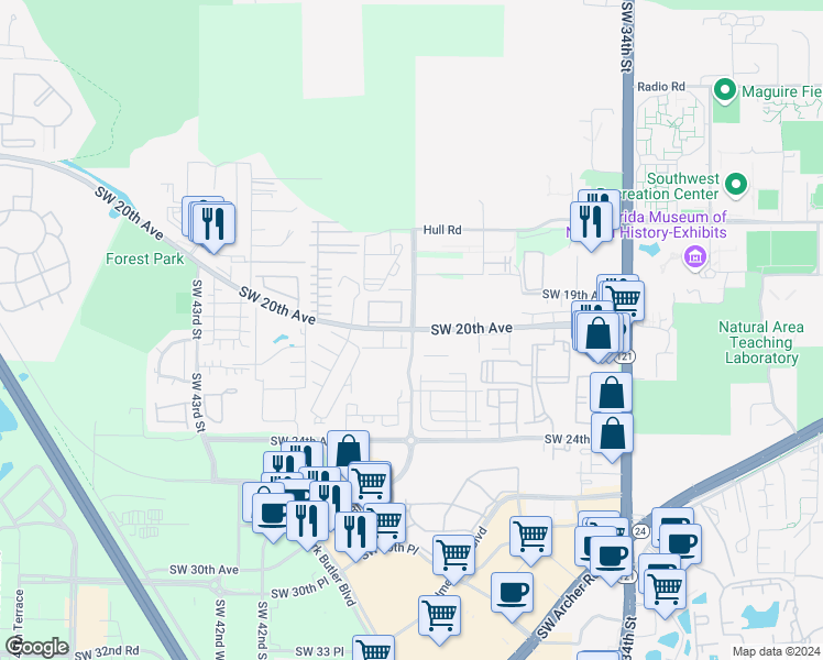 map of restaurants, bars, coffee shops, grocery stores, and more near 2925 Southwest 38th Terrace in Gainesville