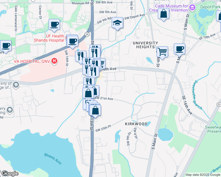 map of restaurants, bars, coffee shops, grocery stores, and more near 1940 Southwest 11th Terrace in Gainesville