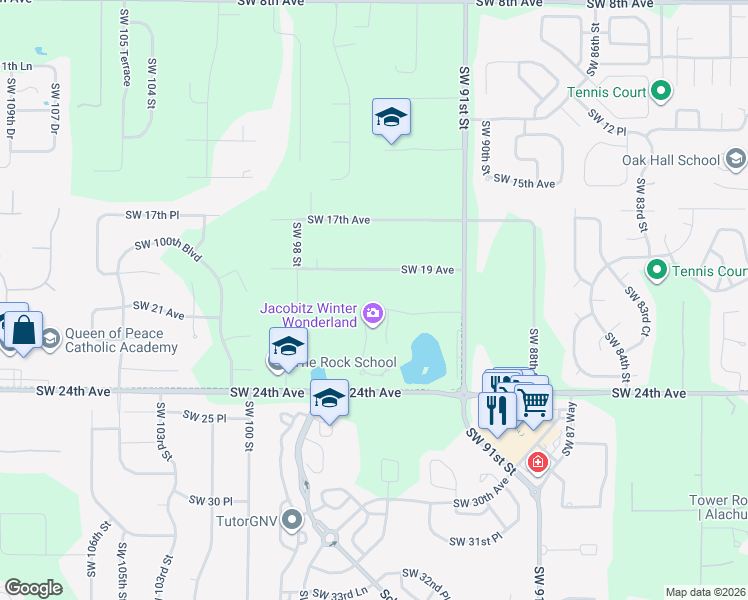 map of restaurants, bars, coffee shops, grocery stores, and more near 9424 Southwest 21 Avenue in Gainesville
