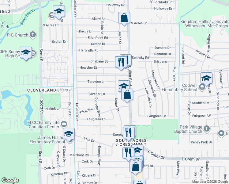 map of restaurants, bars, coffee shops, grocery stores, and more near 4427 Tavenor Ln in Houston