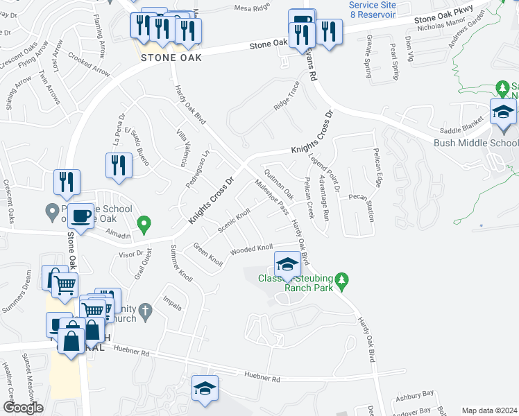 map of restaurants, bars, coffee shops, grocery stores, and more near 1310 Scenic Knoll in San Antonio