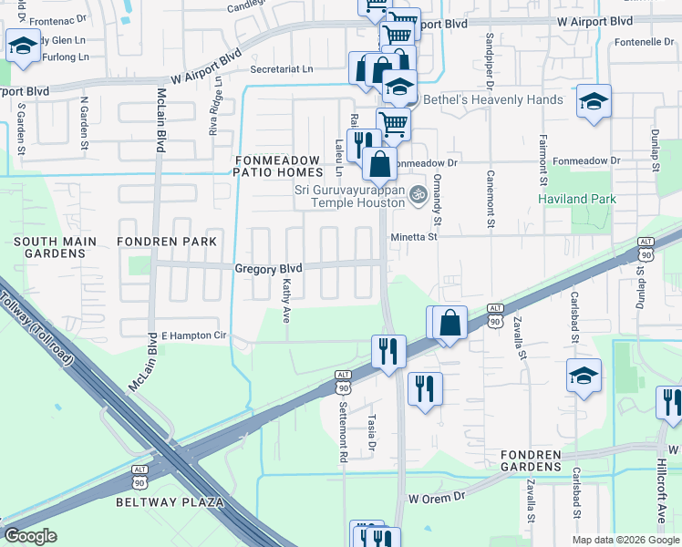map of restaurants, bars, coffee shops, grocery stores, and more near 11876 South Evelyn Circle in Houston