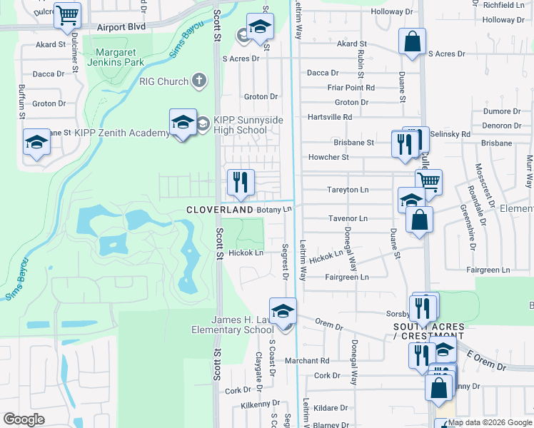 map of restaurants, bars, coffee shops, grocery stores, and more near 3830 Botany Lane in Houston