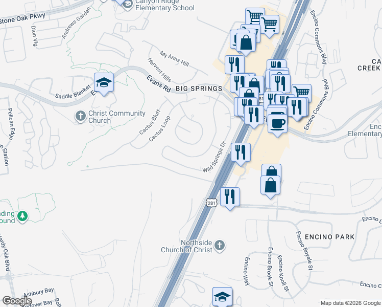 map of restaurants, bars, coffee shops, grocery stores, and more near 20557 Wind Springs in San Antonio
